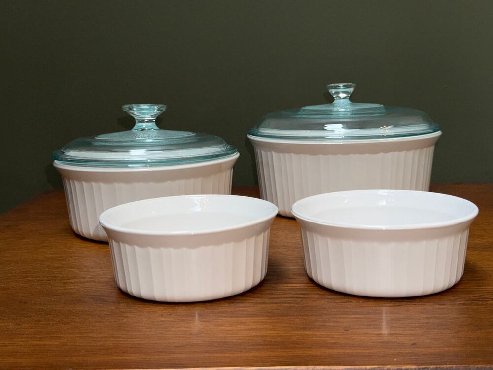 Vintage Corningware Round French White F-1-B 2.5QT, F-5-B 1.6L, (2) F-16-B 500ml